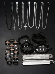 Men's Fashion Jewelry Set, Casual Trendy Cross  Charm Necklace  & Braided Bracelet & Earrings & Rings & Chain Bracelet, Hip Hop Fashion Jewelry Set for Party & Daily Decor, Fashionable jewelry set