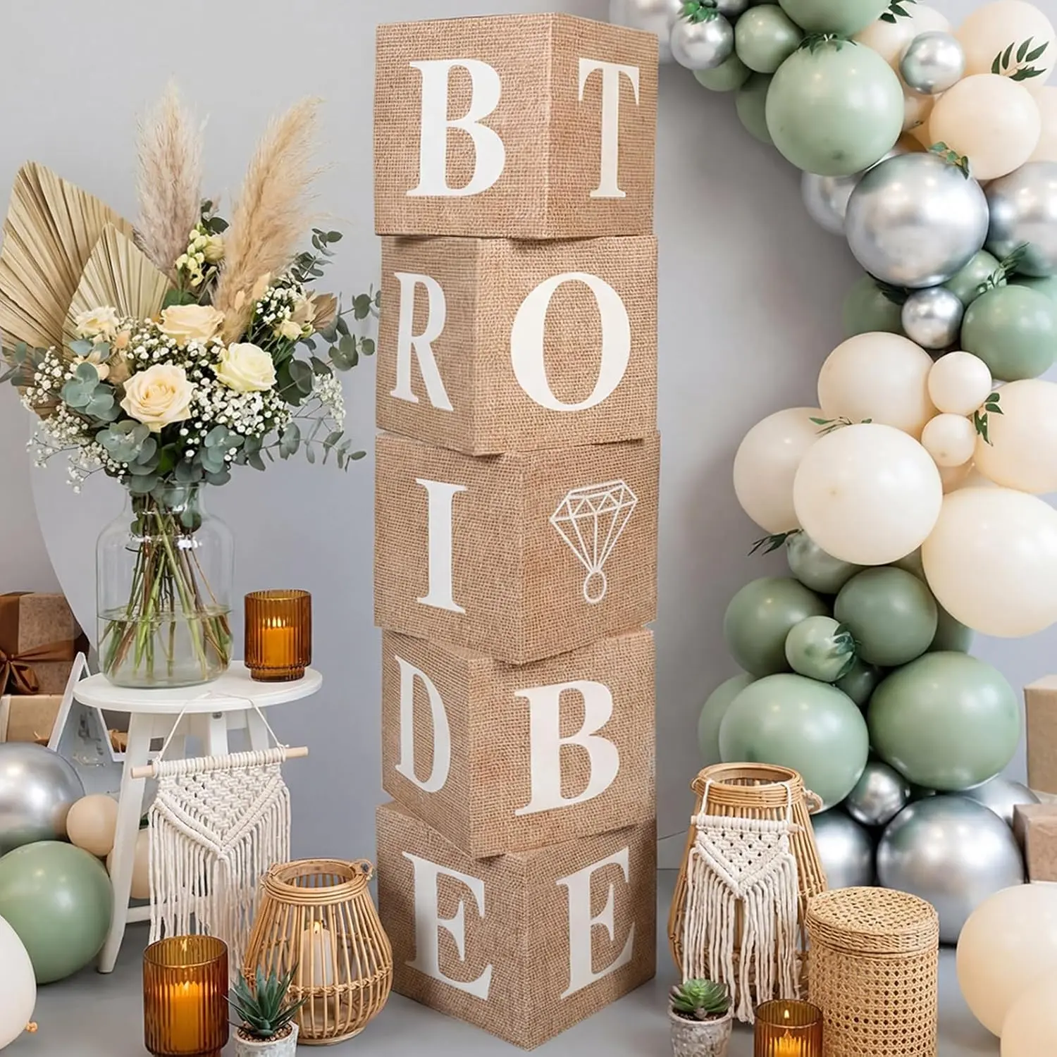 5 count Burlap Bridal Shower Decorations Balloon Boxes Boho Boxes with Letters Decor Rustic  Style Boho Balloon Box with Letter for Bridal Shower Wedding Engagement Party Supplies
