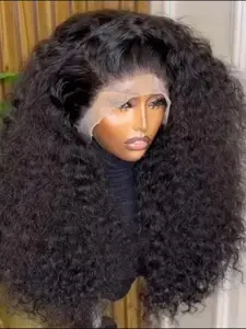 Soft Long 26 Inch 180 Density Natural Black Kinky Curly Deep 13x4 Front Lace Wig, Glueless  Pre-Plucked Heat Resistant Synthetic  Daily Wear Wig