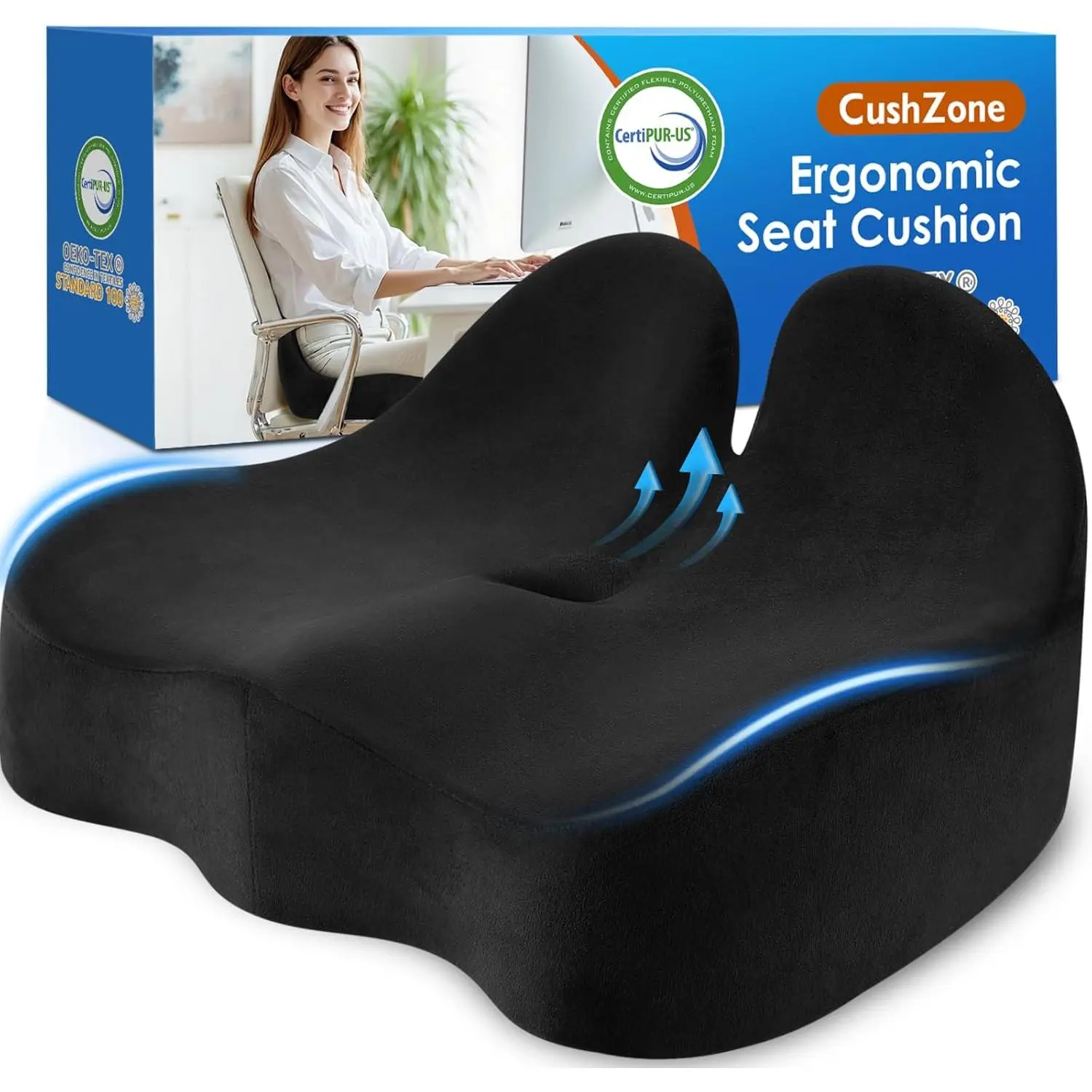 Memory Foam Ergonomic Seat Cushion - Anti-Slip, Large Size for Sciatica, Hip & Tailbone Pain Relief, Suitable for Desk/Lab Chairs, Office Use (Black)