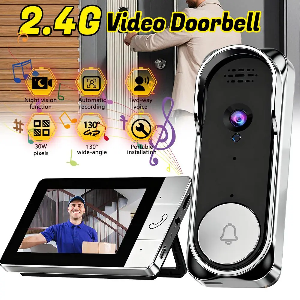 2.4GHz Wireless Video Doorbell Home Accessory, Smart Home Gadget with 4.3" HD Monitor, 130° Wide-Angle View, Night Vision, 2-Way Audio, ABS Plastic Build, Type-C Charging Port - No Monthly Fees, Instant Alerts, Easy DIY Installation