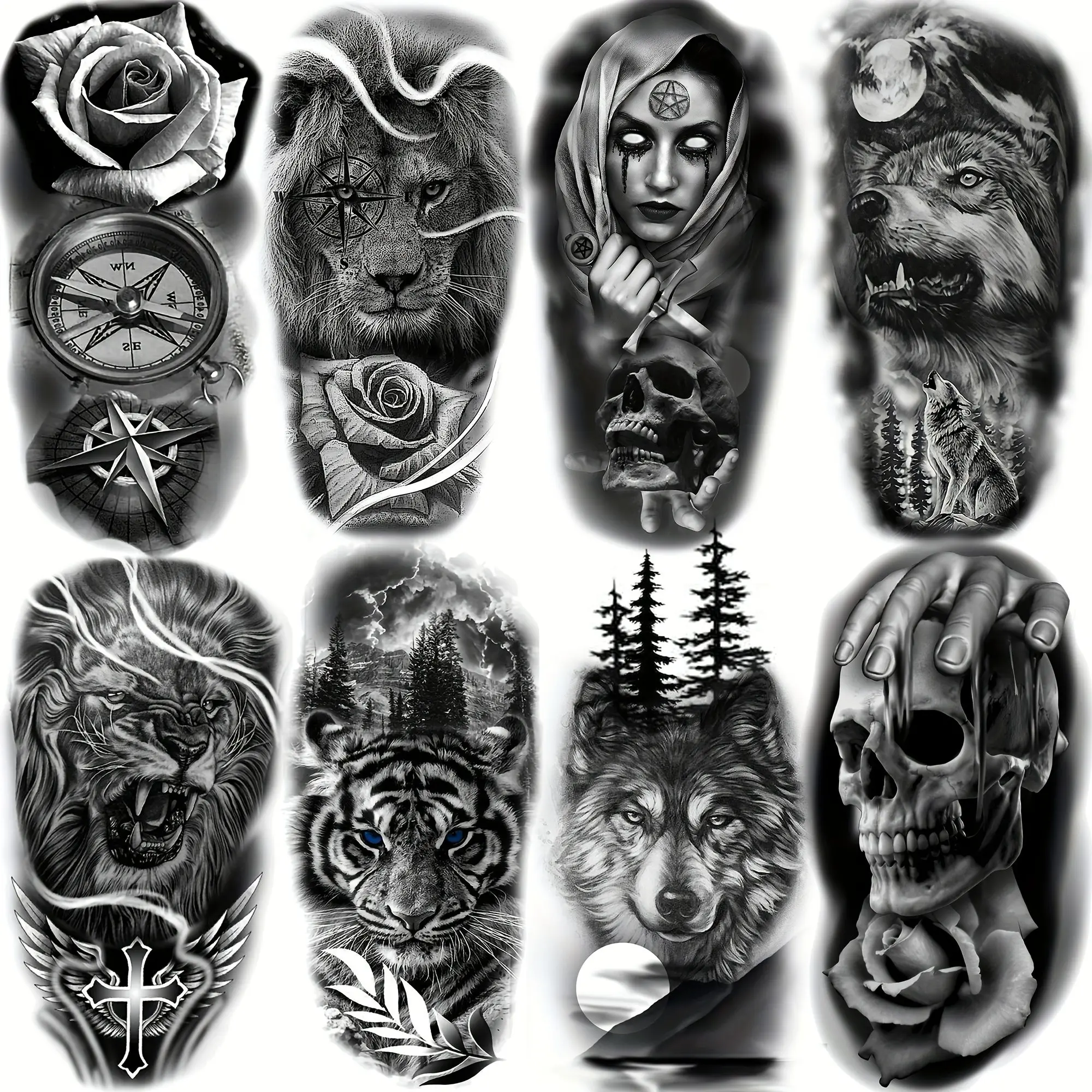 8 Realistic Tribal Wolf Lion Tiger Skull Temporary Tattoos for Men Women, Arm Leg Forearm Stickers, Forest Flowers Roses Design, Ephemeral Tattoos