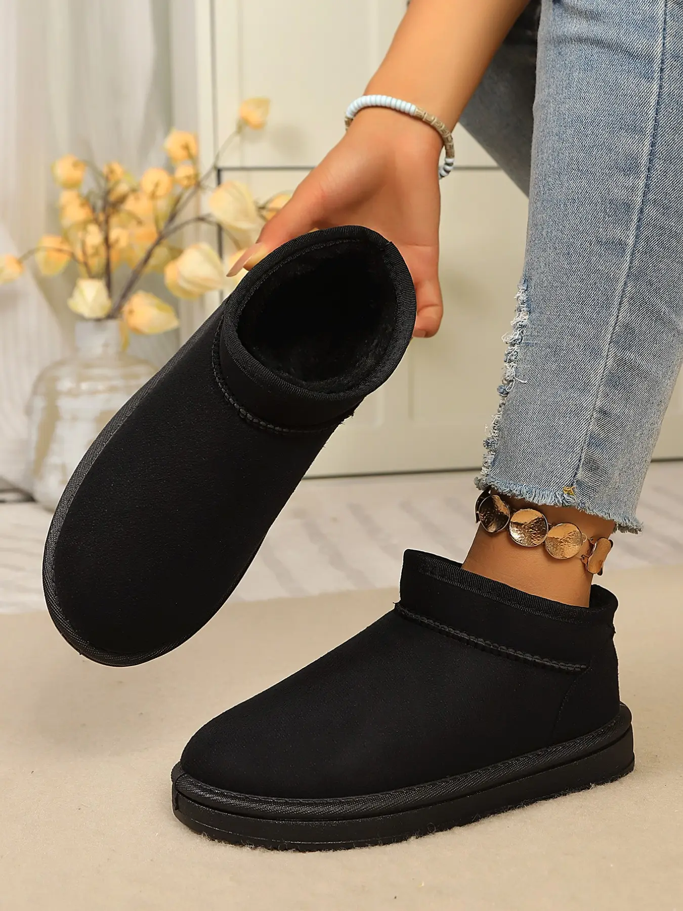 Women Chestnut Faux Suede Low Ankle Snow Boots, Fully Fleece Lined Warm Slip on Winter Shoes, Non-Slip Flat Casual Moccasin Boots