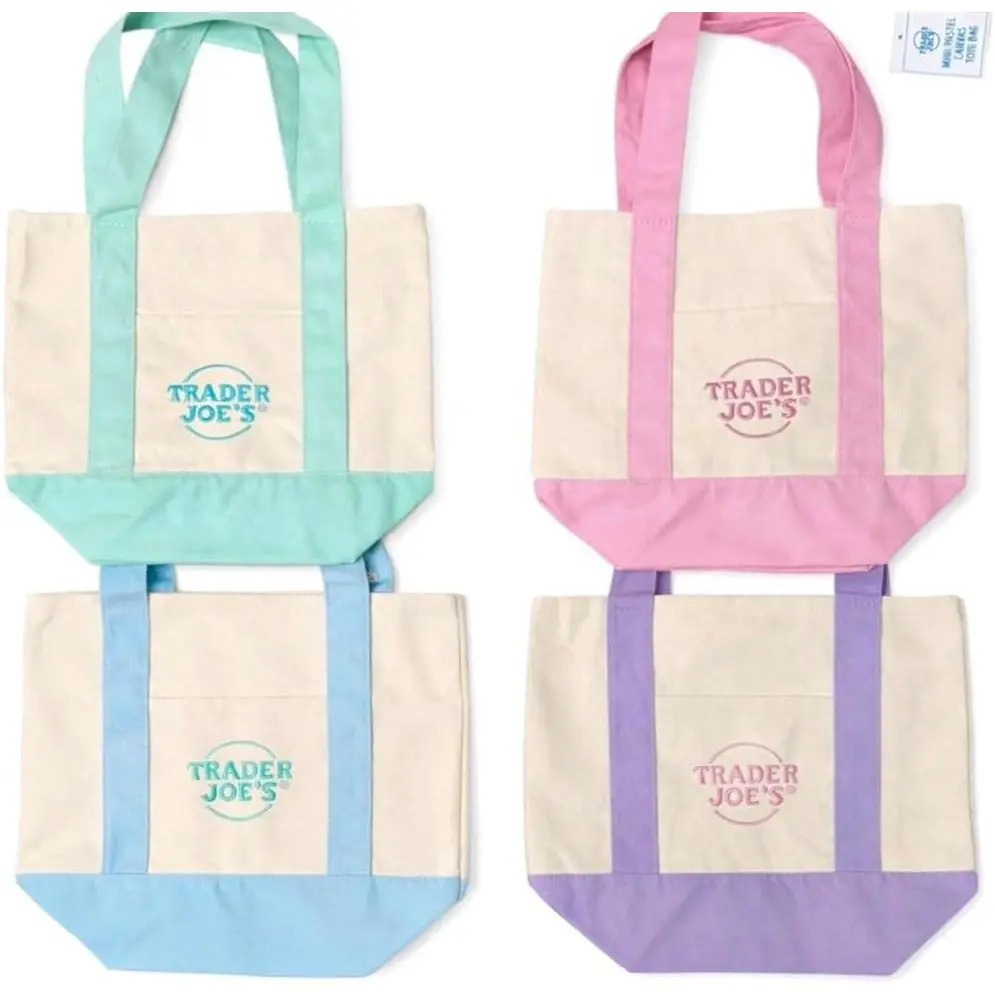 Trending Trader Joe's Mini Pastel Tote Bags (Spring Edition) Set of Four - Pink, Lavender, Light Green and Sky Blue-Single-sided printing and single-sided letters
