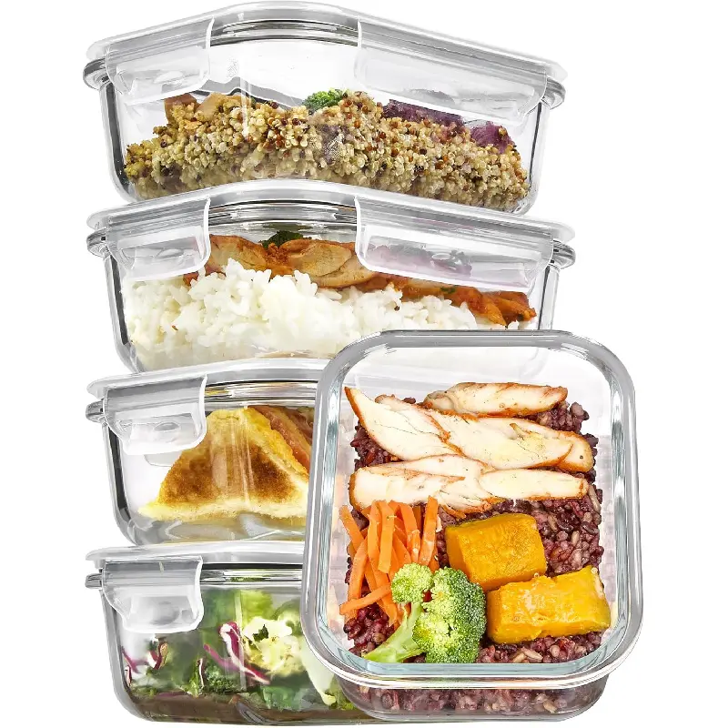 5Pack 22oz Glass Storage Containers with Lids, Glass Meal Prep Food Container Sets with Snap Airtight Lid for Microwave, Oven, Freezer and Dishwasher, Grey