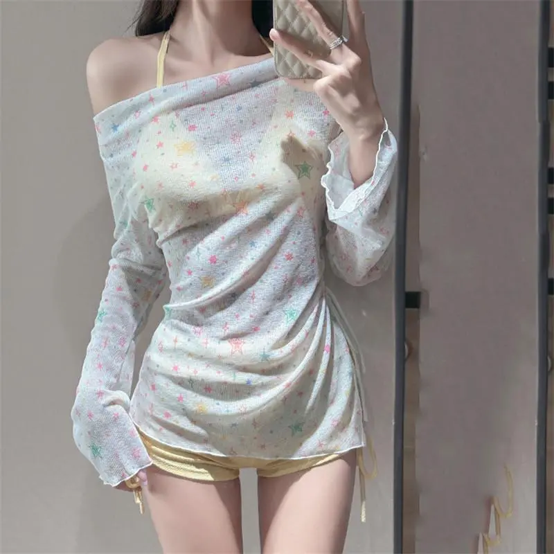 Sweet Star Print Long Sleeve Smock Korean Swimwear Halter String Triangle Yellow Bikinis Sets 3 Piece Swimsuit 2025 Beach Wear