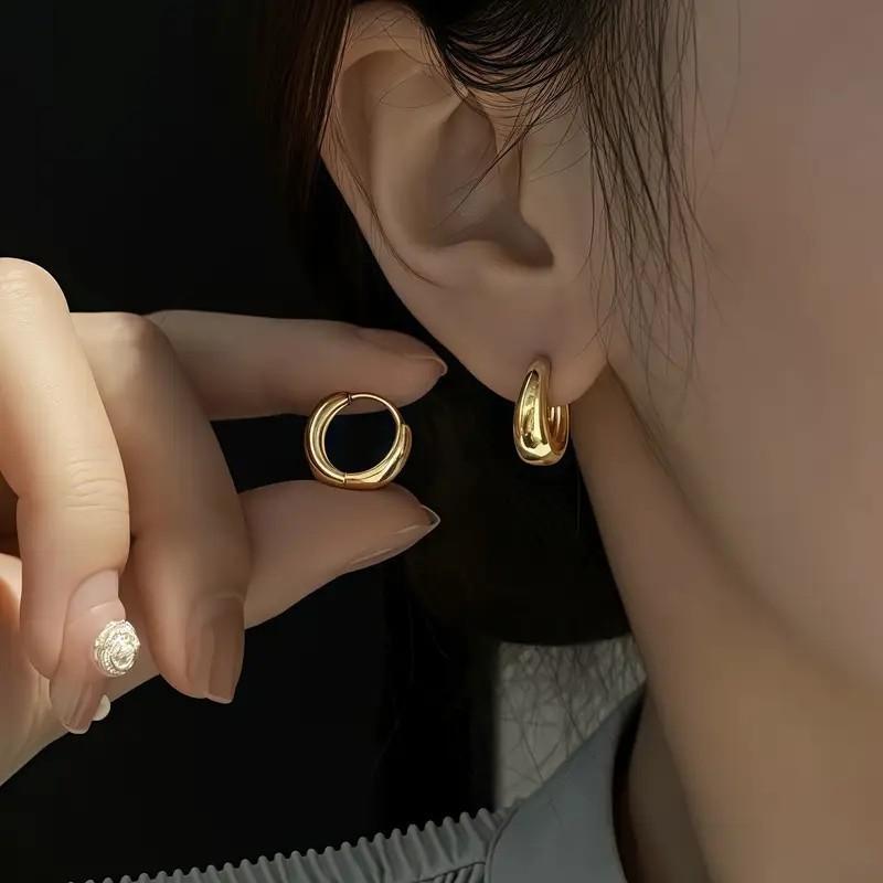 Gold Tone Smooth Huggie Hoop Earrings for Women - Simple Thin Tiny Circle Ear Buckle, Minimalist Everyday Jewelry