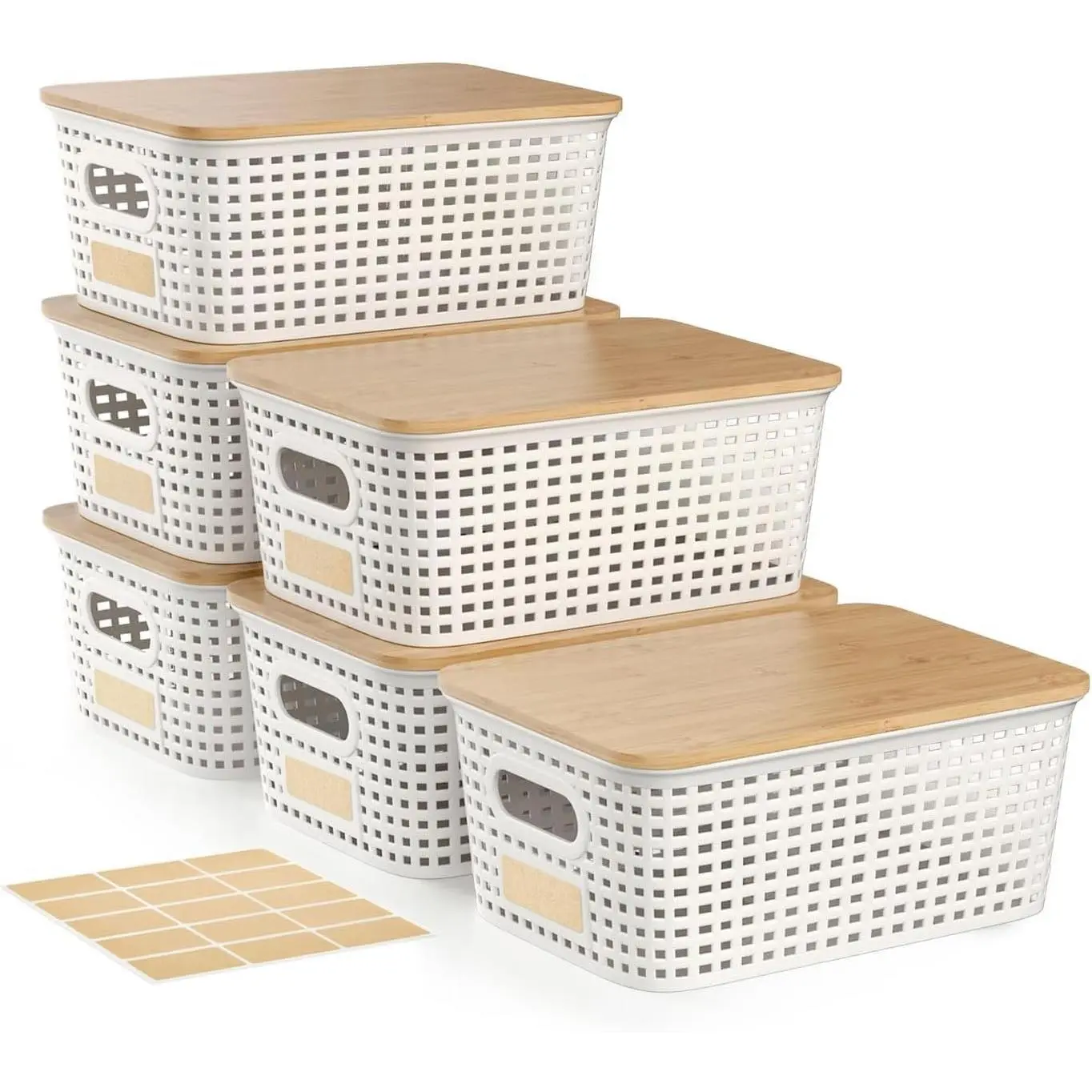 6Pcs Lightweight Decorative Plastic Storage Bins with Bamboo Lids, Stackable Pantry Organizer Containers for Kitchen, Bath (10x7.1x4.1in) – Ideal for Shelves, Closets & Gifting