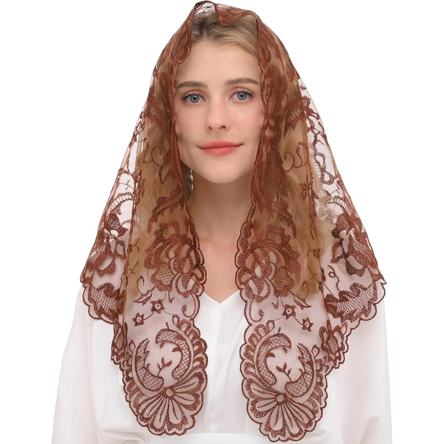 Women's Spanish Style Orthodox Church Veil, Embroidered Lace Bridal Wedding Veil for Catholic Latin Mass Ceremony, Hand Washable Covering, Bridal Veil