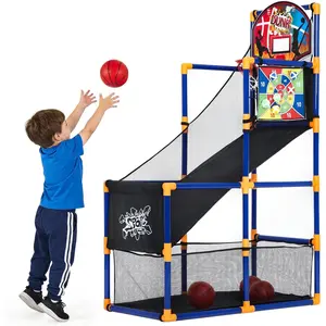 2-in-1 Kids Basketball Arcade Game & Dart Set | Height Adjustable Indoor Outdoor Sports Toy with 4 Basketballs & 6 Sticky Balls for Boys Girls Age 3+