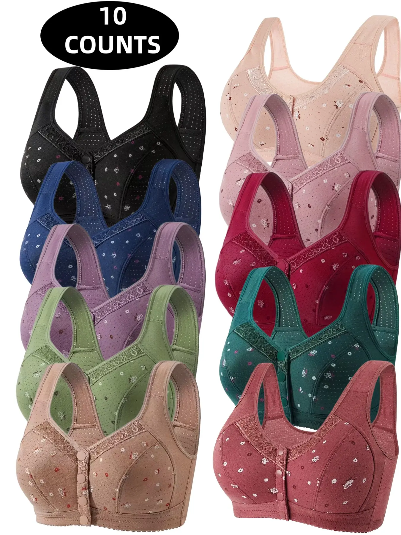 10-Pack Women's Lace Wireless Front Buckle Elegant Push-Up Bra, Seamless Comfort Fit, Daily Wear Underwire-Free Bra, Breathable Soft Fabric, All-Day Support