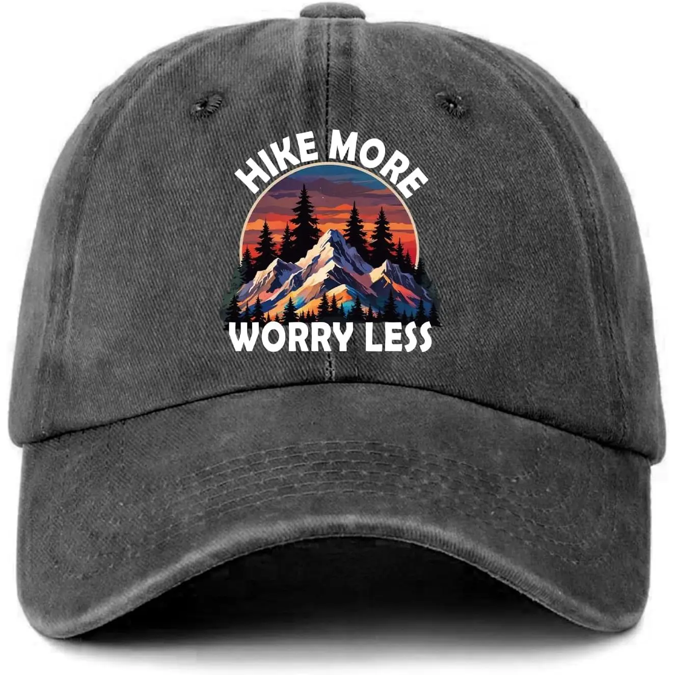 Fun Camping Hat Hike More Worry Less Colorful Mountains Printed Baseball Cap Classic Cotton Adjustable Washable Baseball Cap for Men and Women Cool Hiking Gift for Hikers, Campers, Truck Drivers, Friends, Black