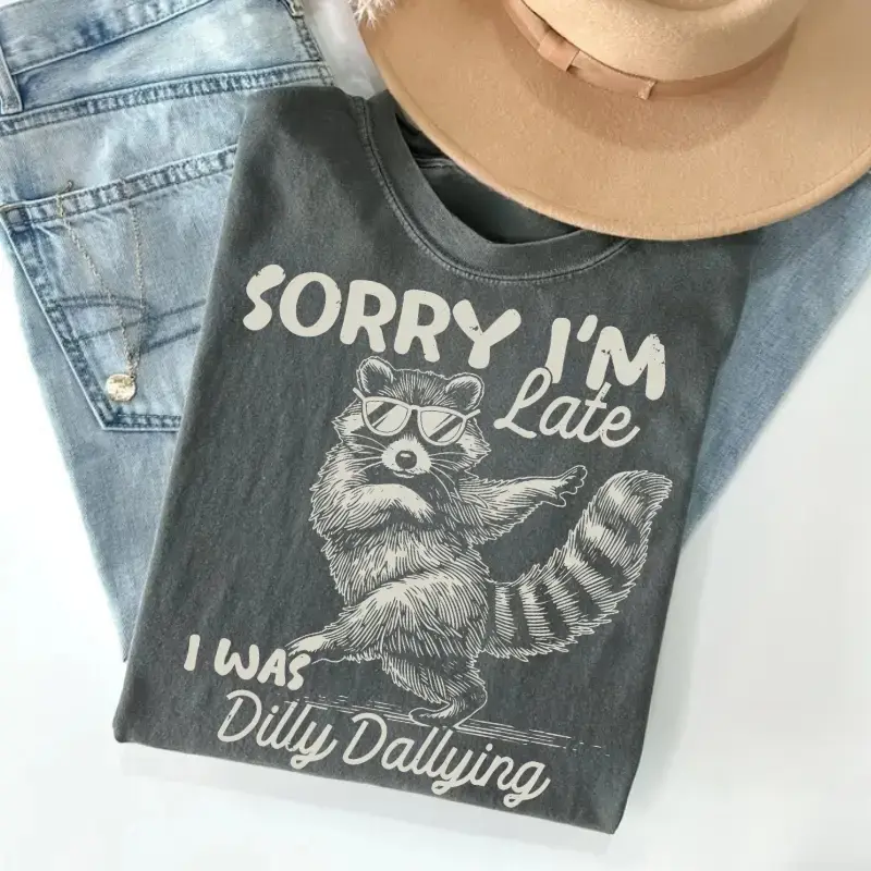 Funny Raccoon Sorry I'm Late I Was Dilly Dallying T-Shirt, Sarcastic Humor Tee, Cute Trash Panda Graphic Shirt, Trendy Meme Gift