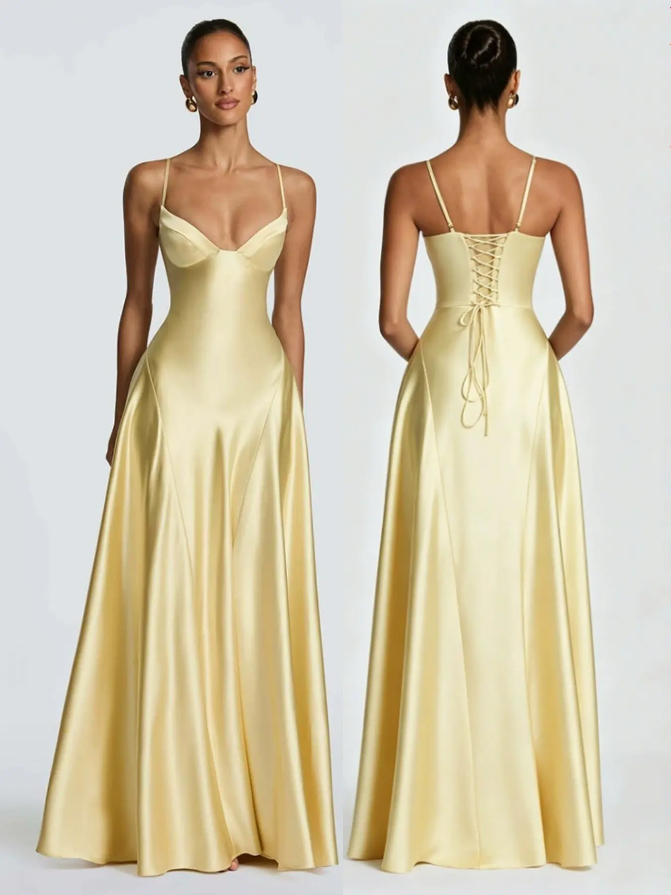 2026 Summer New European Style Solid Color Long Dress, Satin Halter Neck Waist Cinch Evening Gown, Deep V Large Skirt Formal Dress