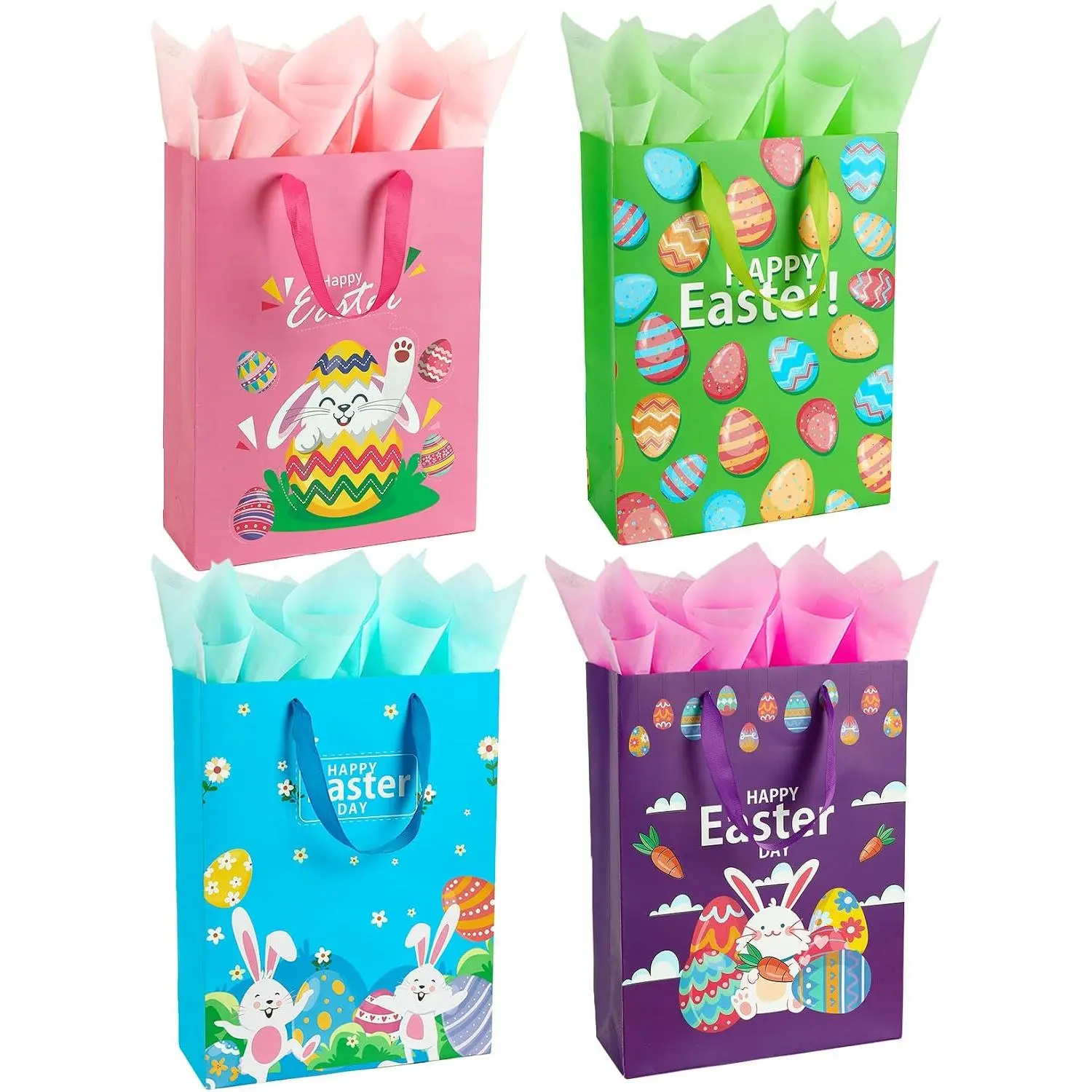Easter  Bags with Handles, 4 count 13" Large Paper Happy Easter  Bag for  Adults,  Easters Egg Goodie Bag with Tissue Paper for Easter Basket Stuffers Spring Holiday Egg  Party