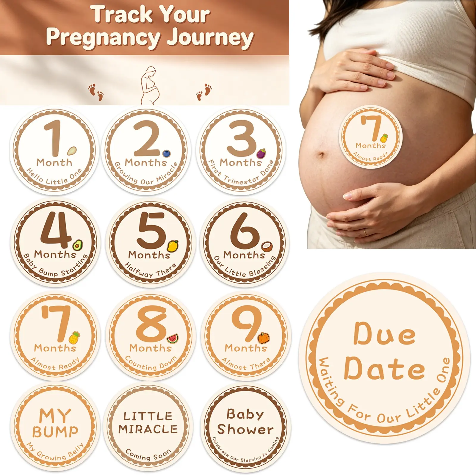 13pcs Monthly Milestone Stickers, Neutral Boho Bump Tracker, Fruit-Themed Pregnancy Belly Stickers, Keepsake Photo Props