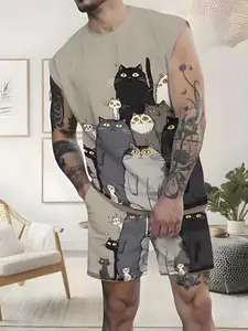 Funny Cartoon Cat Print Sleeveless Set, Light Soft Summer Casual Shorts Two-Piece Set, Fitted All-Over Print Camisole