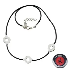 Anime Leather Necklace Cosplay Uchiha Itachi Necklace 3 Loops Necklace Zhu Ring Set Women Choker Kolye Gift Men Prop Jewelry
