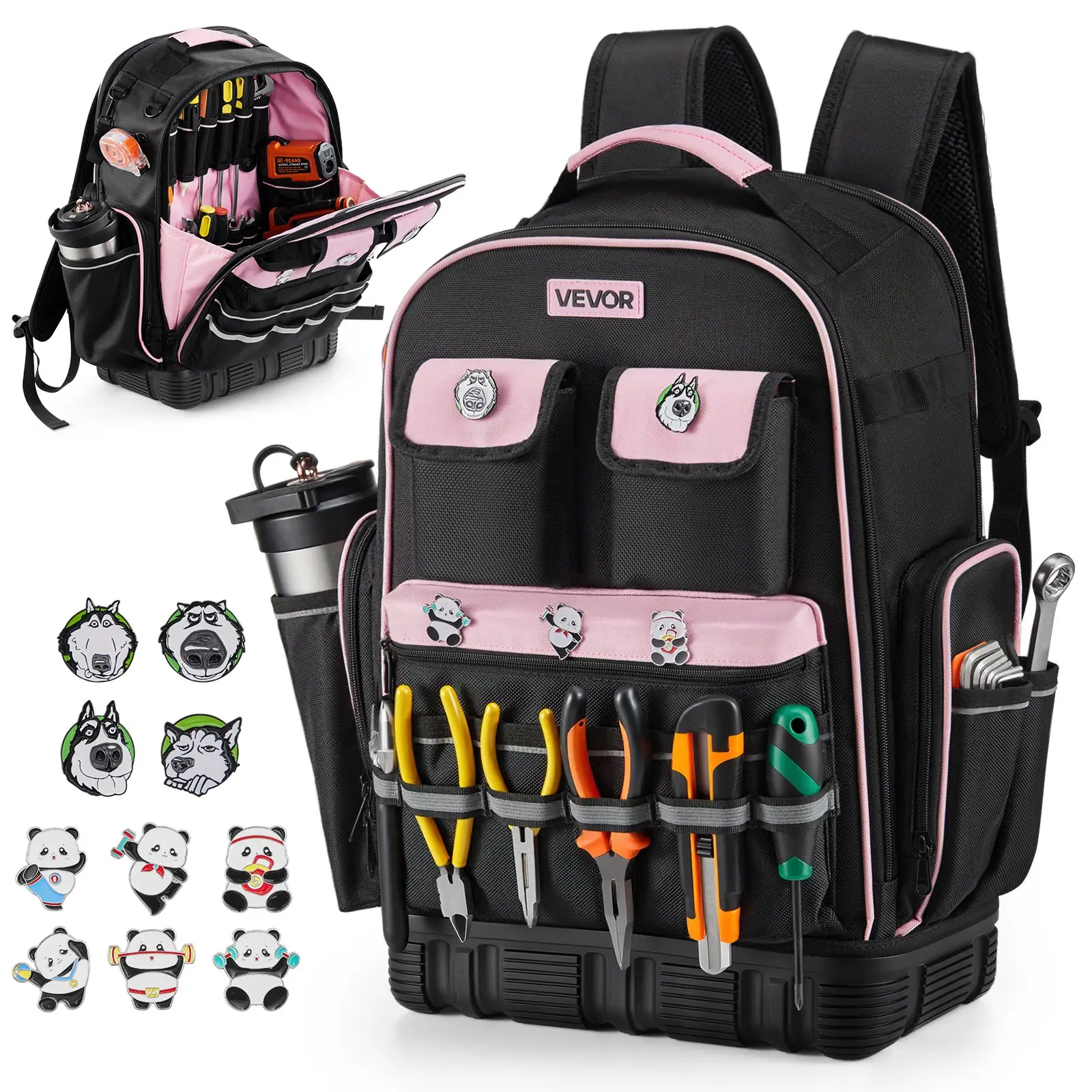 VEVOR Polyester Tool Backpack, 56 Pockets, 13x7.87x19.29 in Heavy-Duty Storage Organizer, Laptop Compartment, Molded Base, Zippers, Reflective Strips, 10 Fun Pins for Electricians