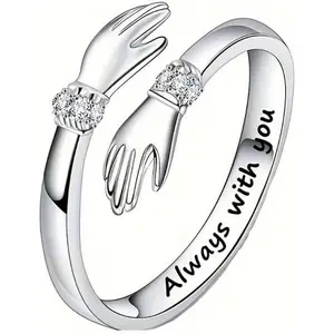 Adjustable Friendship Ring with Embrace Hands Design for Women, Zirconia Engraved Jewelry Gift for Friend or Sister