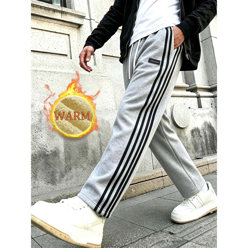 Men's Sports Casual Pants, Solid Color Thick Pants for Autumn and Winter, Trendy Straight Leg and Fashionable Four Bar Outdoor Warm Running Pants, Outdoor Sports Pants