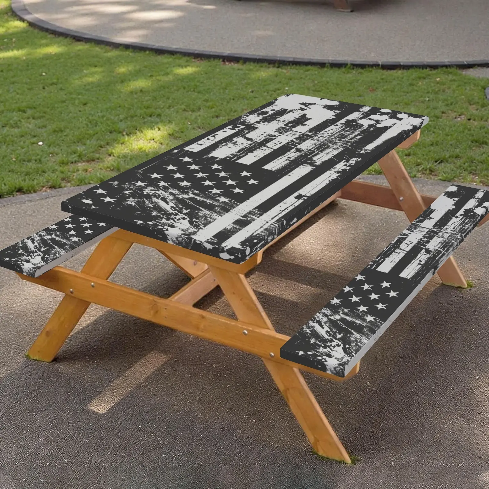 Retro Grunge Black White USA Flag Picnic Table Cover Gothic Patriotic Decor, Great for Early Fall Camping Harvest Cookout Sports Tailgate Lake Vacation & Casual Dark Tone Backyard BBQ Patriotic Family Gatherings All Season Patio Furniture Protector