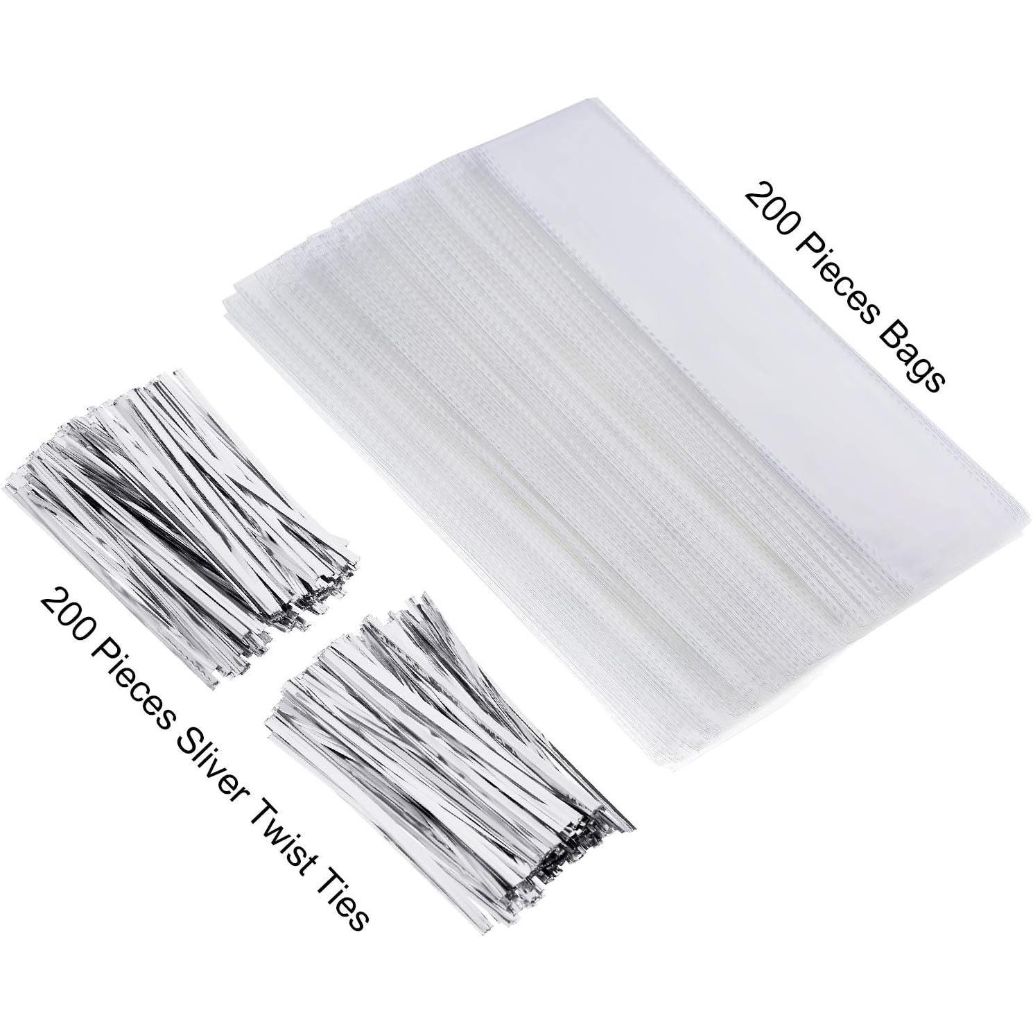 200 count Pretzel Bags 2 x 10 Inches Clear Pretzel Individual Rod Cellophane Rectangle Plastic  Bags for  Candies Cookies with 200 count Twist Ties( Ties)