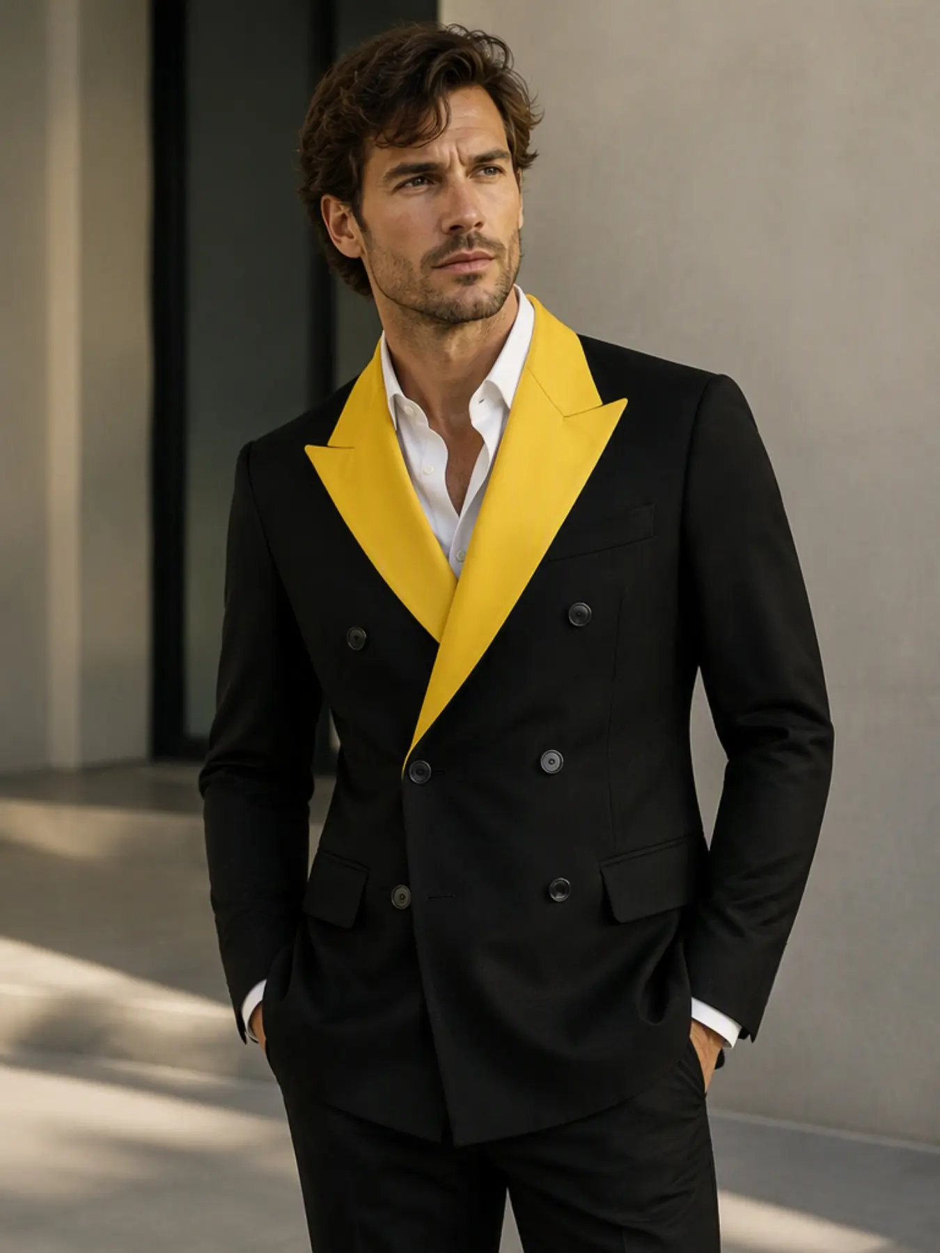 Ainwear Men’s Double-Breasted Blazer, Bright Contrast Peak Lapel, Casual Jacket for All Seasons, Wedding Prom Party Outerwear