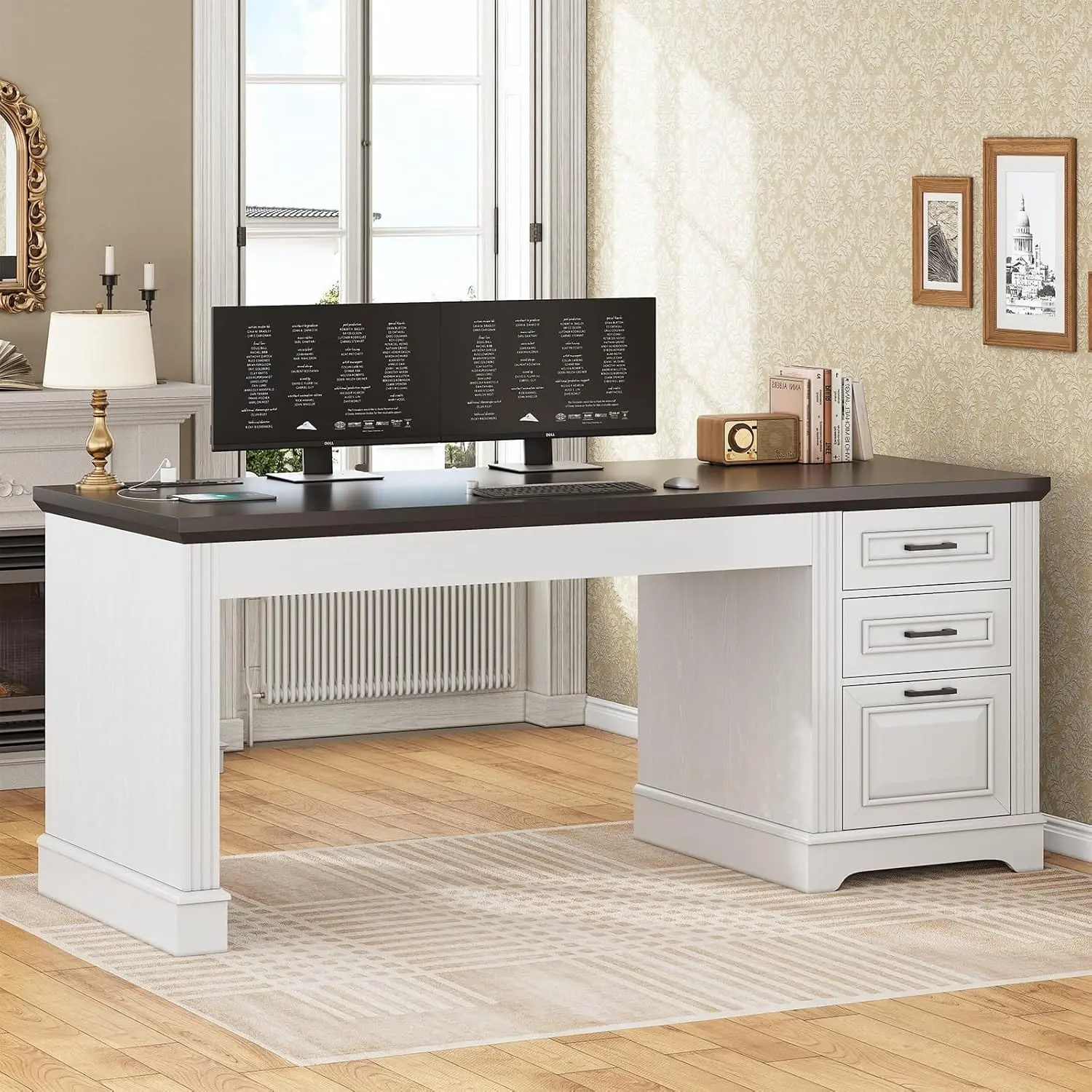 SIKAIC 55-in Sturdy Computer Desk - Modern Home Office Executive Workstation with 55" Wide Worktop, Power Outlet, 3 Deep Drawers (White)