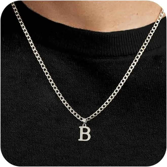 Initial A-Z Letter Pendant Necklace for Men Silver Plated Capital Initial Cuban Link Chain 4mm 20 Inch Jewelry Gift
