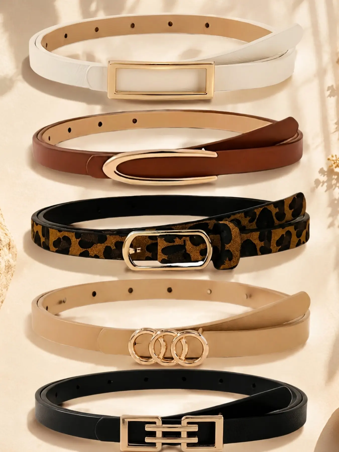 5pcs Women's Elegant Belt Set, Leopard Print Belt, Buckle, Slim Fit Waist Belt, Dress Belt, Casual Office Belt, Perfect Gift
