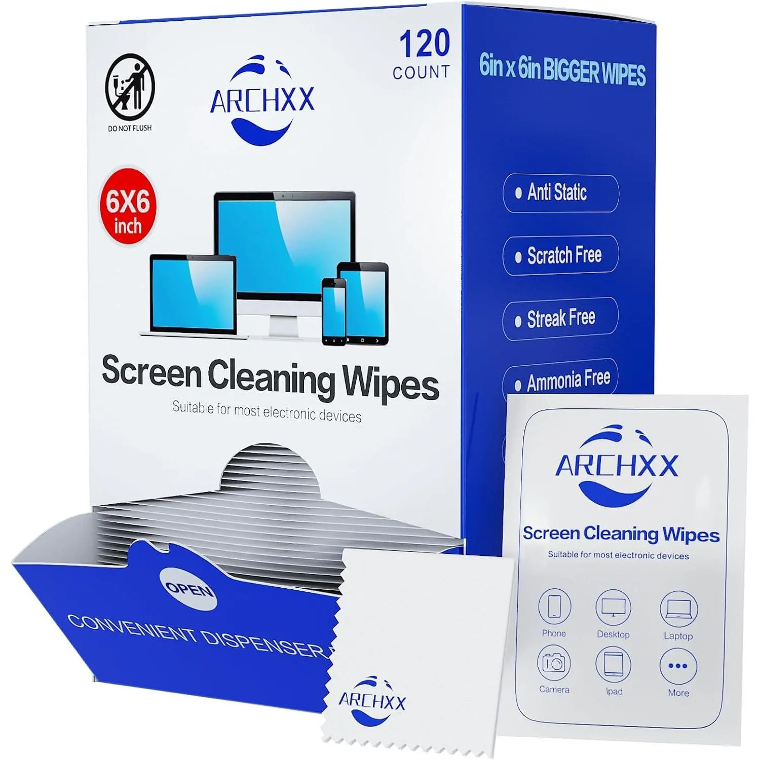 Screen Wipes for Electronics, 120 Count 6"x6" Pre-Moistened Screen Cleaner for Screens, Computer, Laptop, Tablet, Phone, Monitor, Car Screen Cleaner, Lens Wipes Individually Wrapped