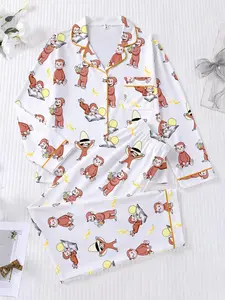 Women's Sleepwear Set, Cherry and Monkey Print Pajamas, Comfortable Collared Top and Long Pants, Casual All Seasons Fitted