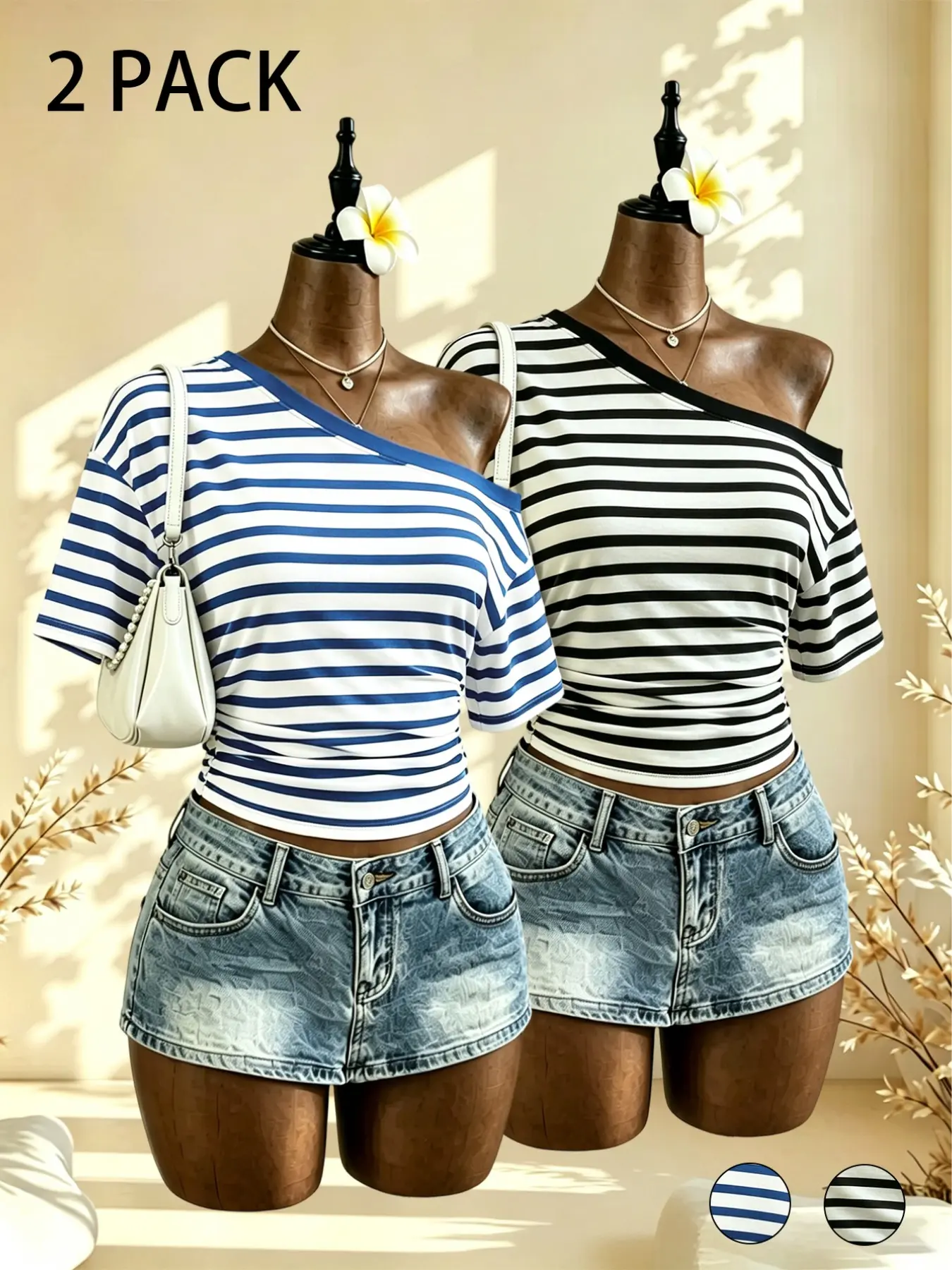 Two-Pack Women's Striped Print T-Shirts, Off-The-Shoulder Short Sleeve, Casual Slim-Fit, Perfect for Daily Wear, Outdoor Activities, Multiple Colors Available