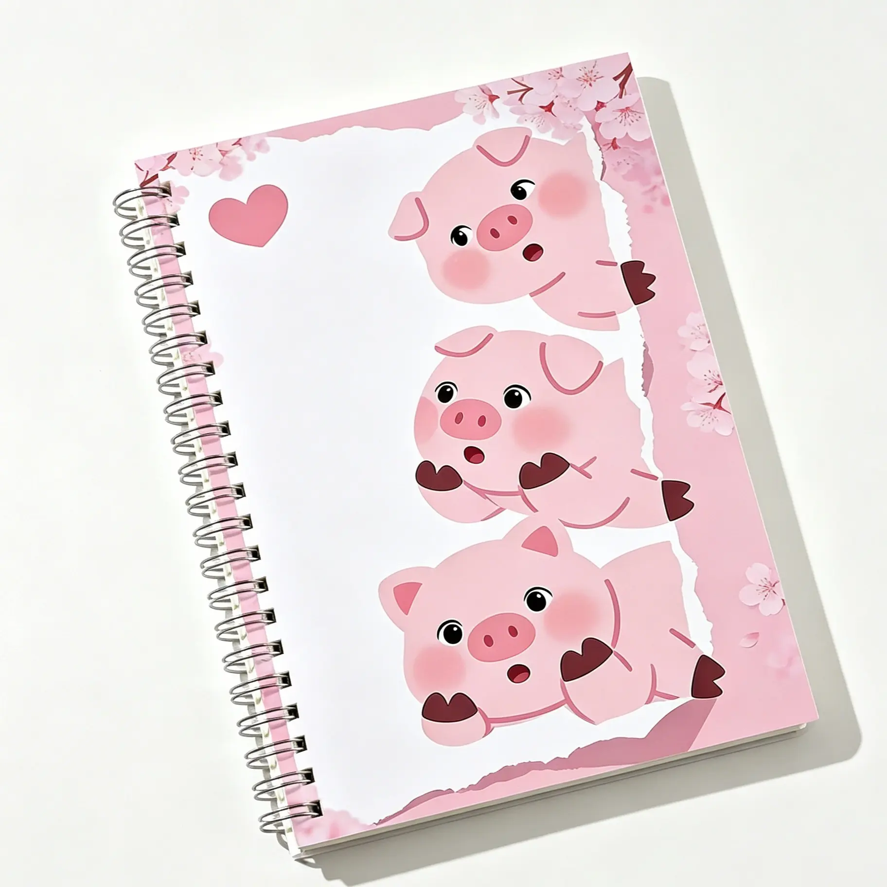 Cute Kawaii Pig Spiral Notebook, Aesthetic Cherry Blossom Cover Journal, Lovely Cartoon Animal Notepad for Students, Gift for Teen Girls