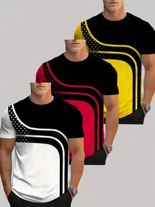 3-Pack Men's 3D Short Sleeve T-Shirts, Stylish Casual Geometric Design, Fitted H-Type, All-Season Wear, Perfect for Daily