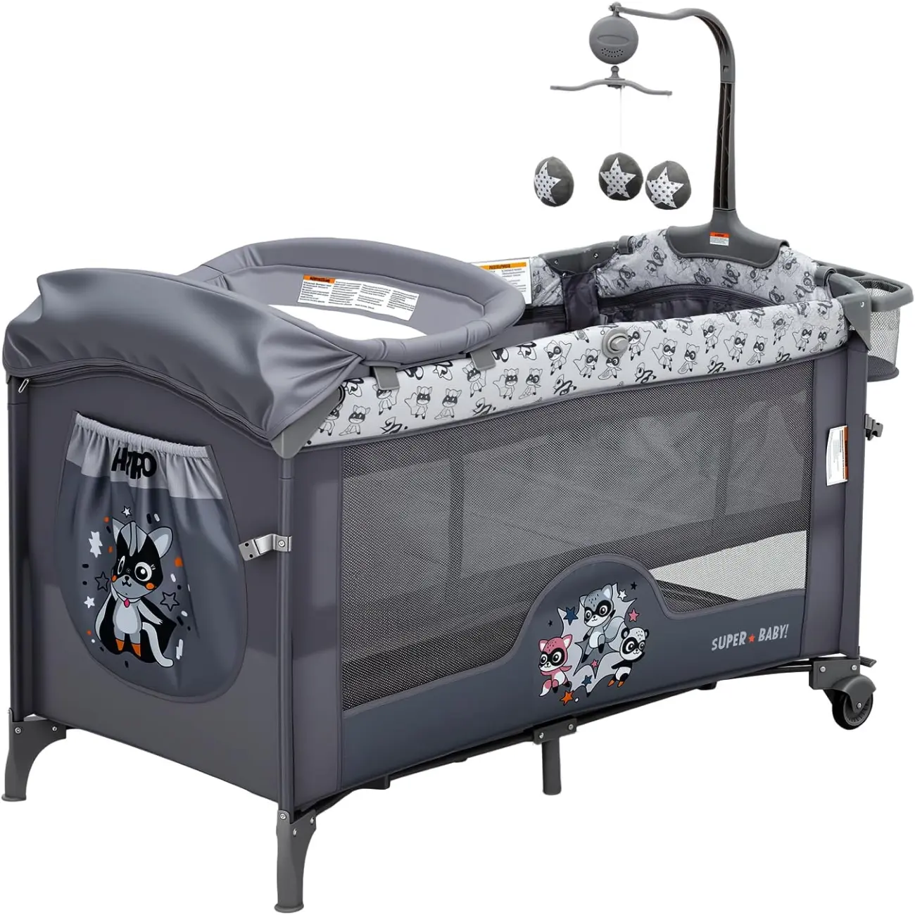 4 in 1 Baby Bassinet,Pack and Play Baby Bassinet,Bedside Crib Sleeper  with Changing Table, Zip Door, Locking Wheels, Bottom Storage & Toy Bar for Newborn to Toddles