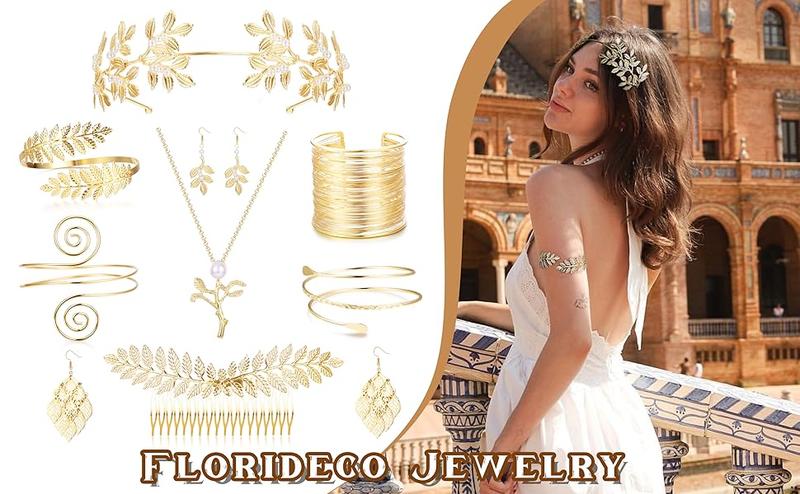 Florideco 9 Pcs Greek Goddess Costume Accessories Set for Women Golden Laurel Leaf Crown Headband Upper Arm Coil Bracelet Pearl Leaf Dangle Earring Artificial Pearl Earrings Necklace Bridal Wedding