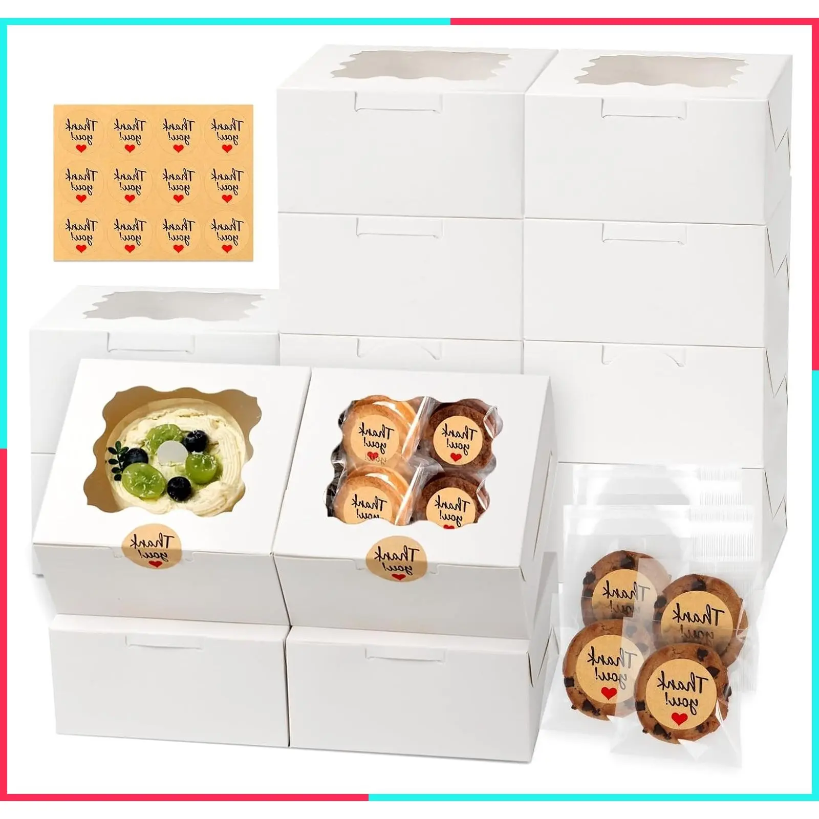 12 Pcs White Cookie Boxes with Window, 6x6x3 Inches, Easy to Assemble, with 50 Cookie Bags and 12 Stickers for Christmas, Wedding, Donut, Cupcake, Dessert Pastry