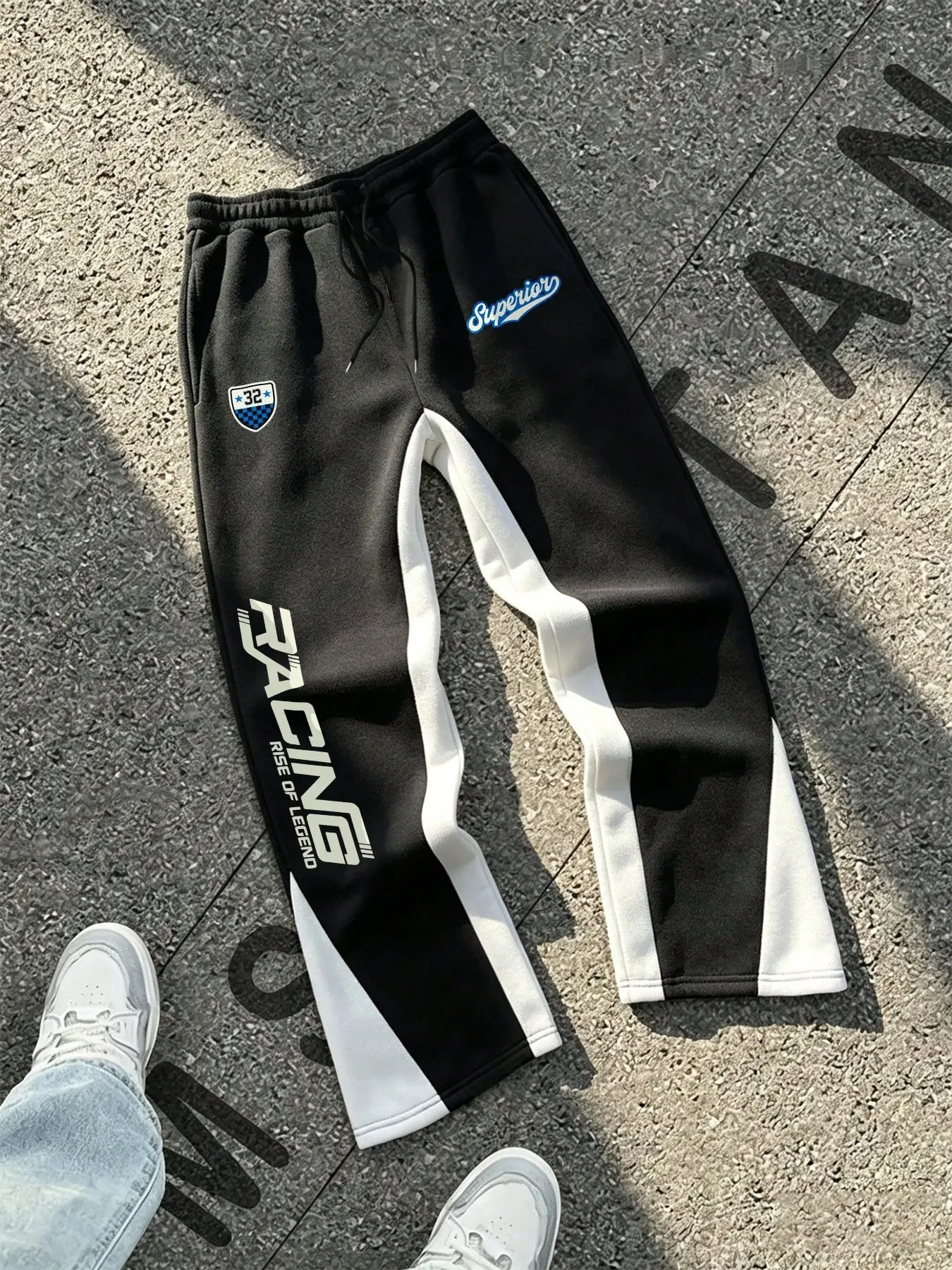 Casual Sporty Race Print Sweatpants, American High Street Colorblock Drawstring Pants, Unisex Slim Fit Long Pants, Knitted Sports Pants