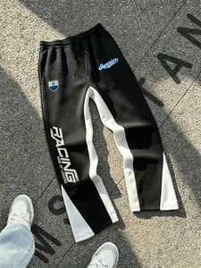 Casual Sporty Race Print Sweatpants, American High Street Colorblock Drawstring Pants, Unisex Slim Fit Long Pants, Knitted Sports Pants