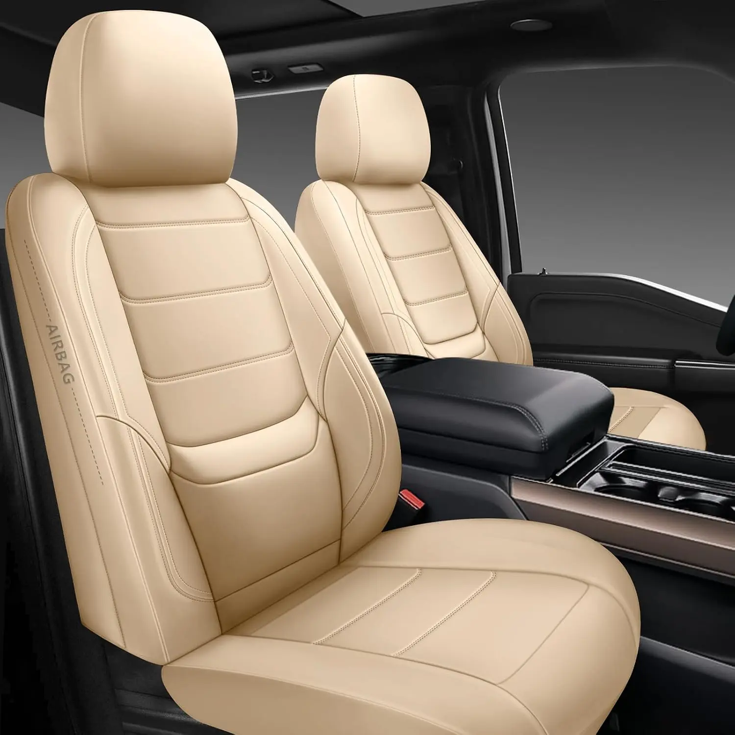 Universal Leather Full Set Seat Covers - Waterproof Beige, Easy Install, Compatible with Cars/SUVs & Pickup Trucks, Suitable for Heated Seats