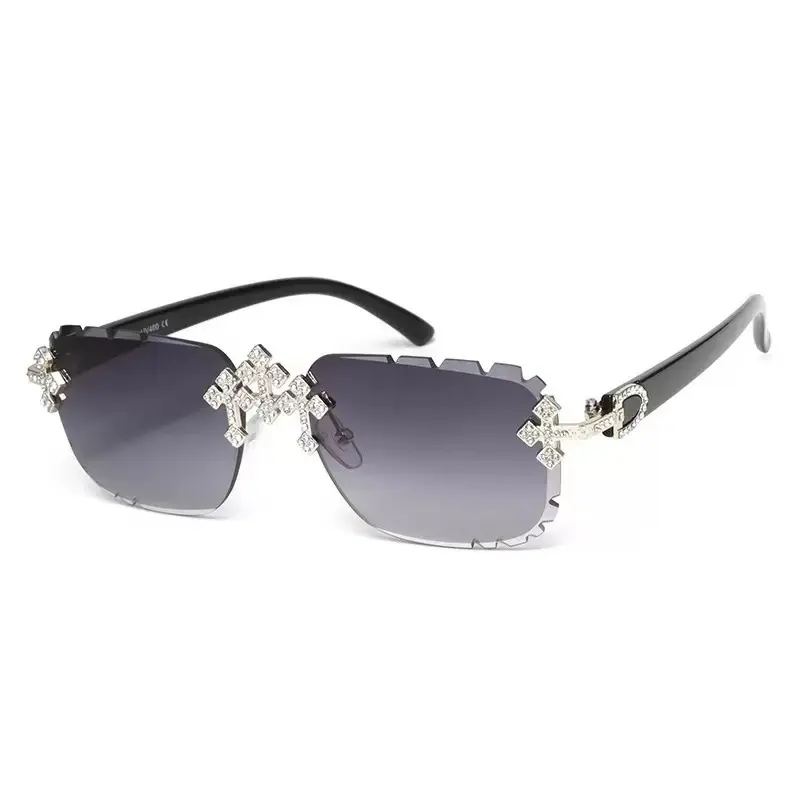 Unisex Rhinestone Cross Rimless Sunglasses, Luxury Cut Edge Lens Fashion Bling Diamond Decor Sun Glasses, Trendy Stylish Decorative Eyewear for Daily, Party and Street Outfits