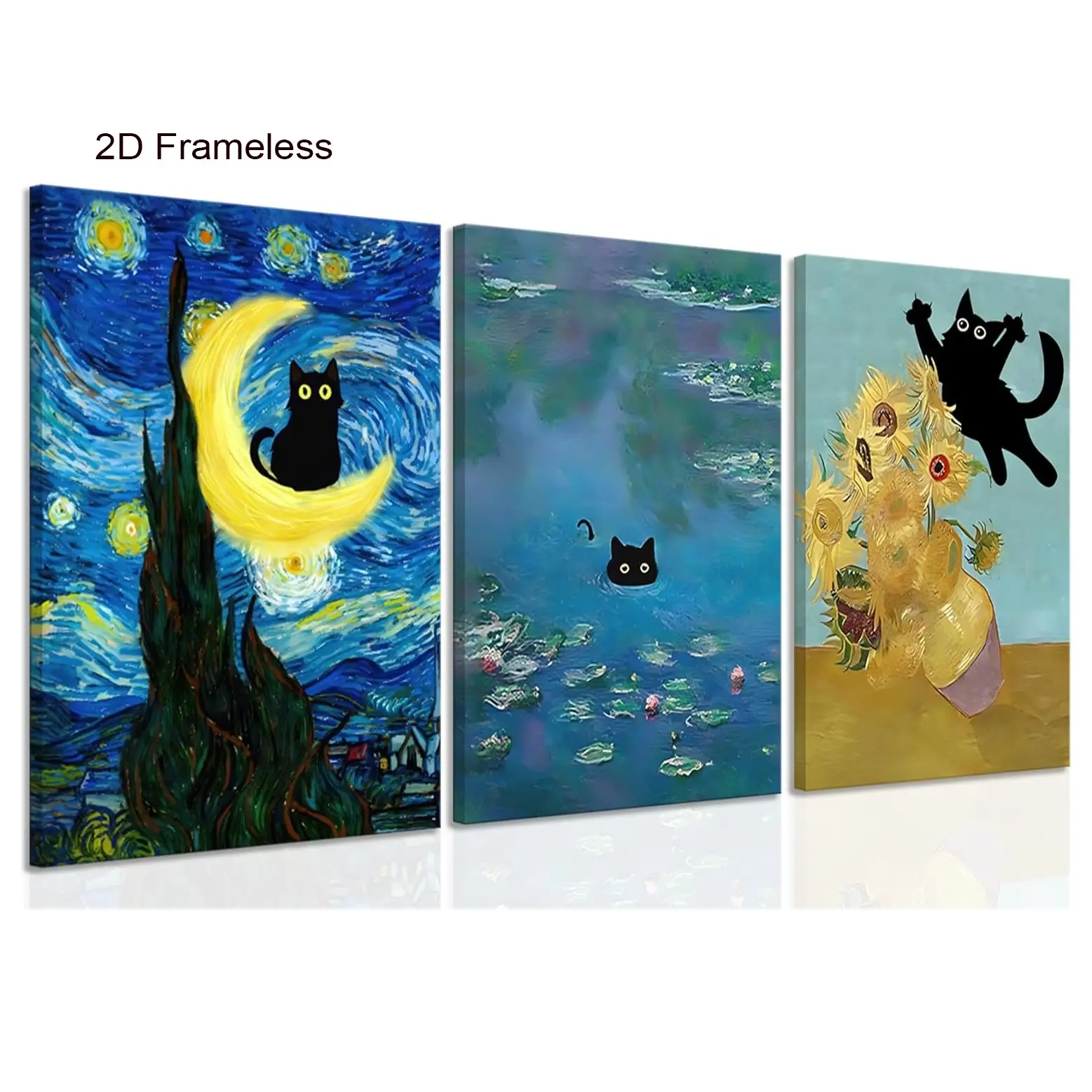 3-piece set  Fun Black Cat Wall Art: Monet’s *Cat Among the Water Lilies*, Van Gogh’s *Starry Night*, and sunflower-themed aesthetic images, oil paintings, and prints—perfect for bedrooms, living rooms, and bathrooms: frameless 2D posters.