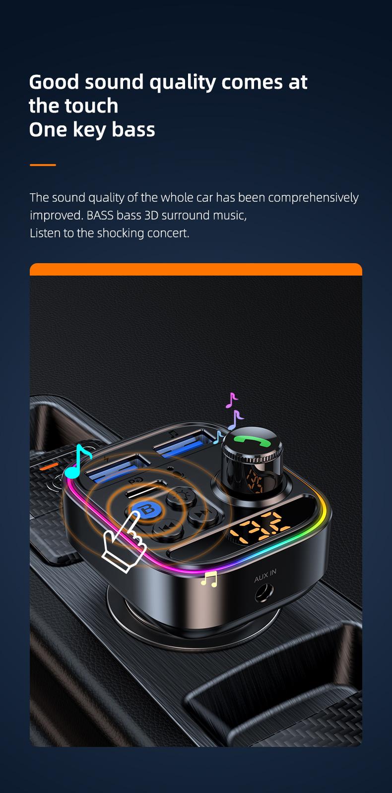 Wireless Bluetooth Car Adapter Bluetooth 5.3 FM Transmitter AUX Radio Receiver MP3 Player Handsfree Call Type-C USB  Car charger