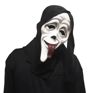 Horror Ghost Face Mask with Tongue, Natural Rubber Hooded Headpiece, Perfect for Christmas and Halloween Party Supplies and Performance, Suitable for Ages 14+