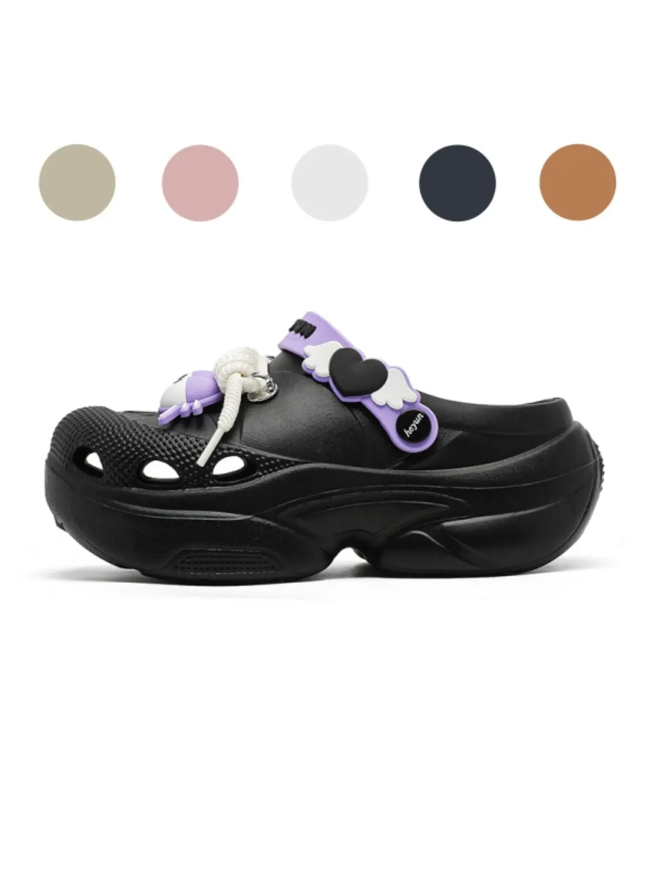 Women's Black-Purple Cartoon Big Eye Clogs: Thick-Soled Dual-Wear, Summer Outdoor Slides