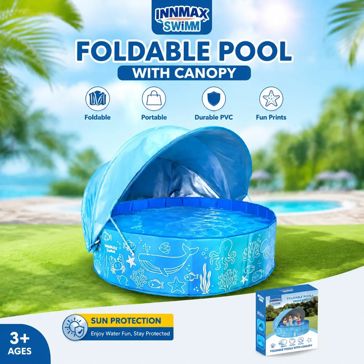 47in Portable Foldable Basin, Ocean Blue Design, Summer Water Play, Indoor Outdoor Use, with Sunshade, Bathroom, Courtyard, Pool, Beach
