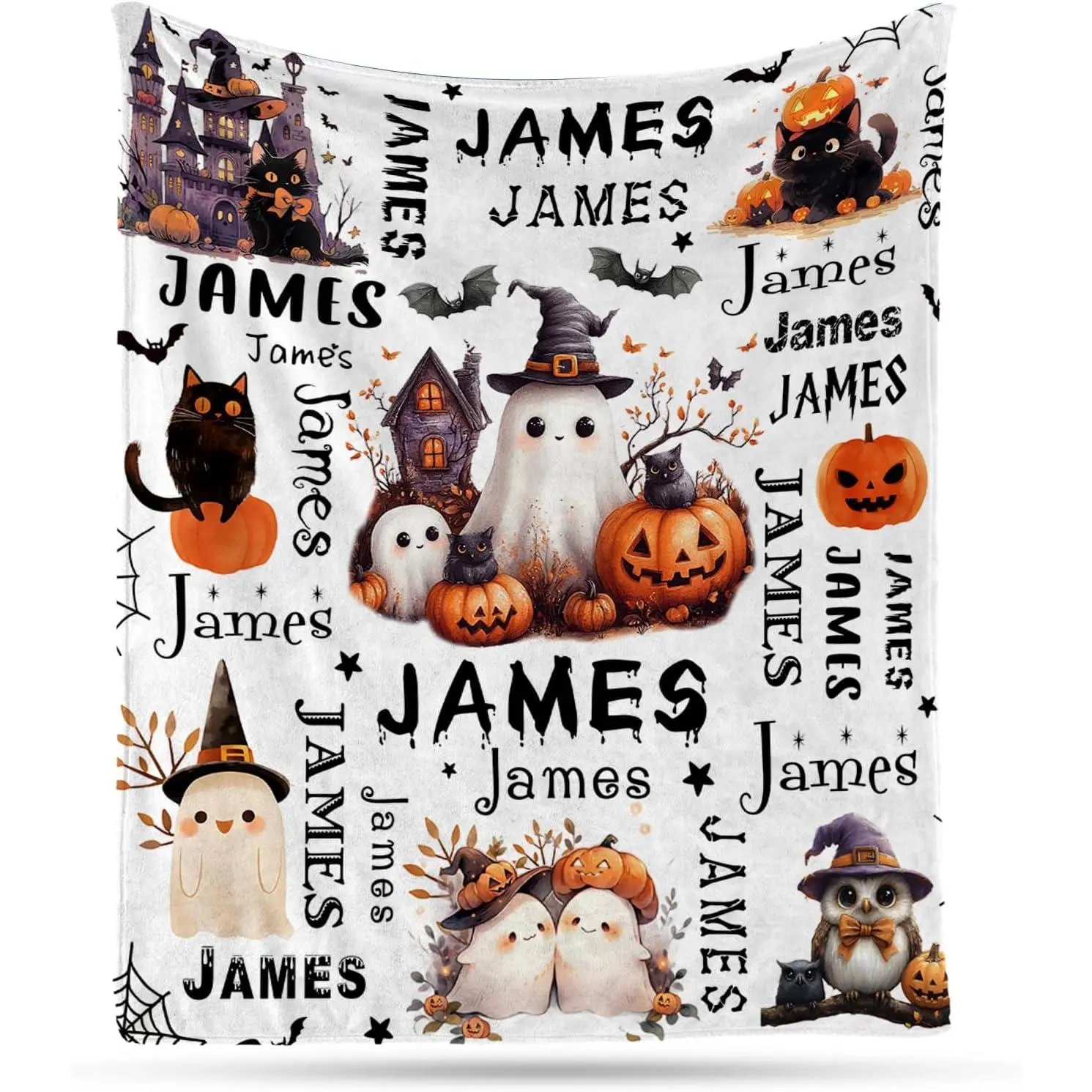Personalized Halloween Blanket with Name, Custom Bat Print Fleece Throw Blanket, Soft Cozy Blanket Gift for Kids, Girls & Boys, Bed Sofa Couch Decor