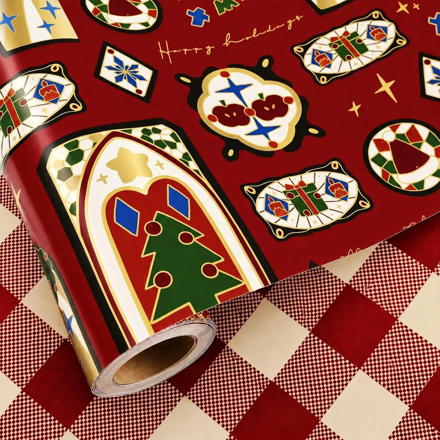 Burgundy Christmas Wrapping Paper Rolls Set,    Wrap | Red Matte Maroon Retro Heavy Duty  Traditional  with Church ,Reversible, 28.5sq.ft